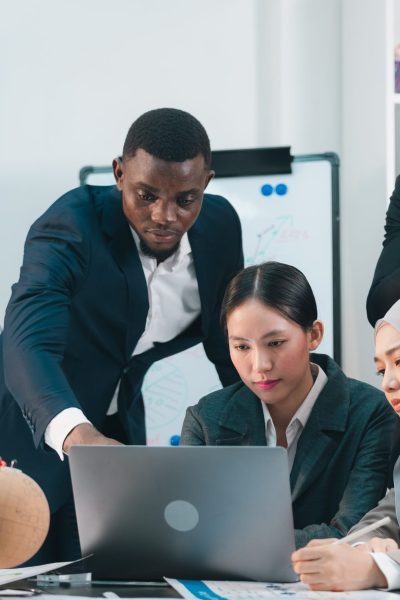 Professionals Collaborates Group in Office, Business Team Engages in Strategic Brainstorming and Discussion, Effective Teamwork Communication to Enhance Corporate Planning to Success